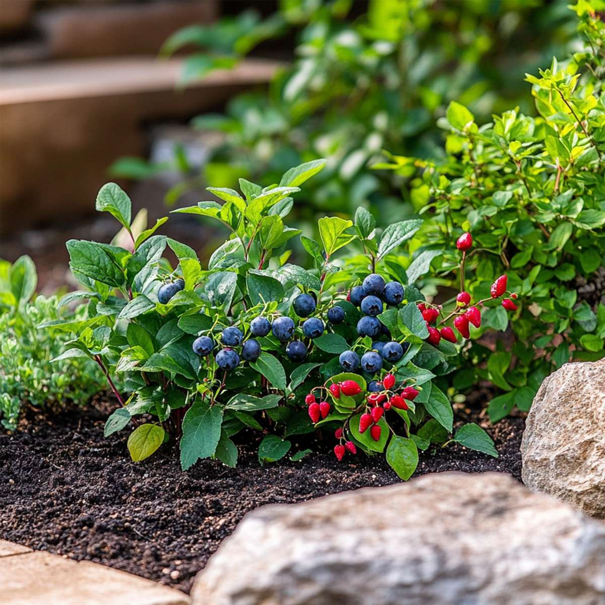 Obststrauch-Mix – 6 Pflanzen – Goji-Beere, Blaubeere & Cranberry – Actinidia, Vaccinium – Superfrüchte für Garten & Balkon – Winterhart & pflegeleicht – Höhe 25–40cm – Ø9cm